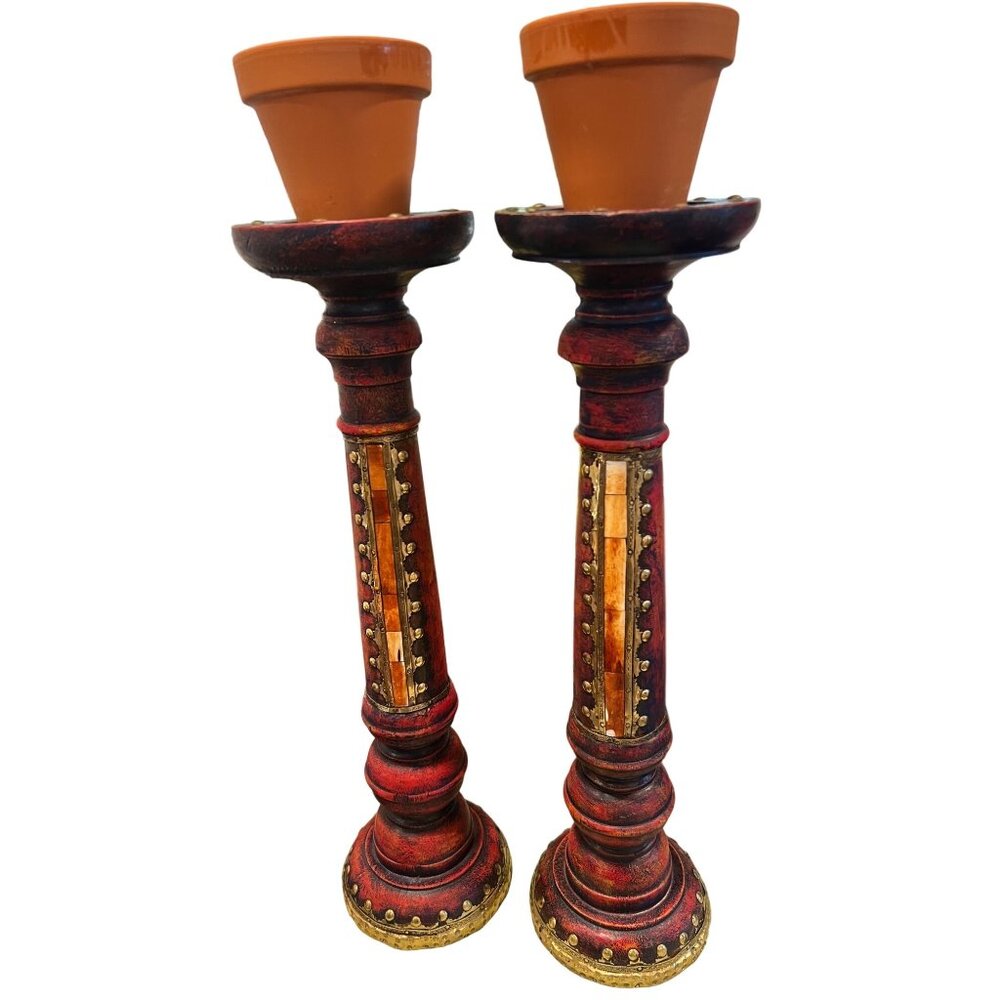 Handcrafted Bohemian-Style Wooden Candle Holders With Brass & Mirror Detailing -